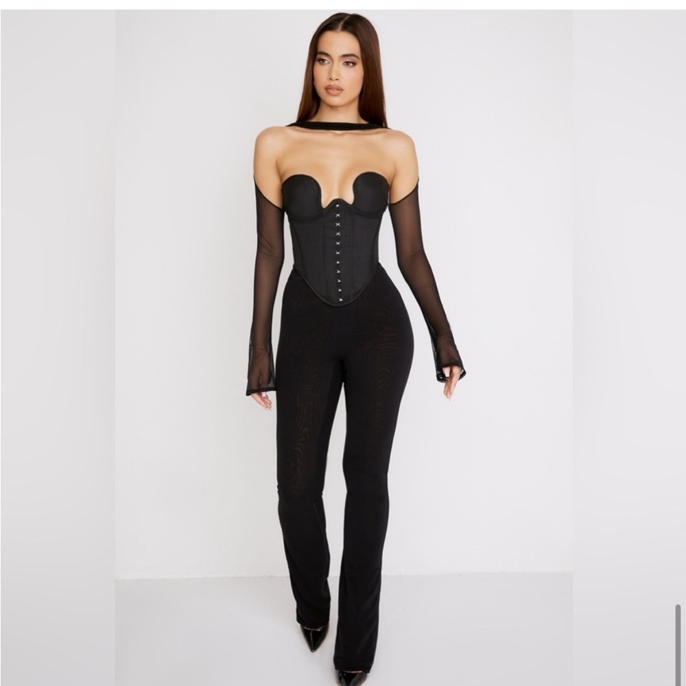 House of cb | sz med w/plus cups | Black Corset Top with Sheer halter Sleeves